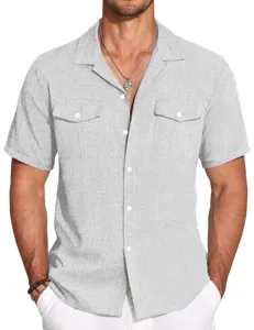 Detailed view of men's short sleeve linen button shirt with dual chest pockets in light grey.