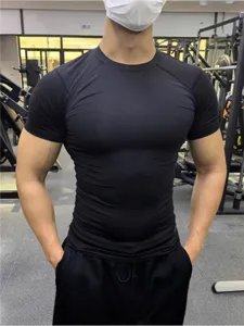 Mens short sleeve tight fitness t shirt quick dry elastic sports running workout top black