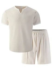 Men casual waffle knit short sleeve t-shirt and shorts sportswear set for summer daily wear.
