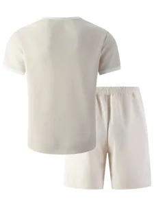 Men casual waffle short-sleeve t-shirt and breathable solid loose shorts sports set
