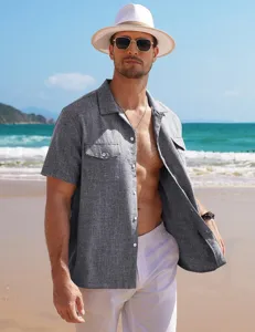 Men's summer short-sleeve linen shirt detail view, casual solid color lapel button-down top.