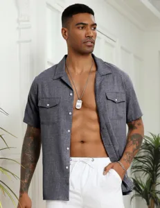 Casual men's short sleeve cotton linen solid color shirt with lapel for summer wear.