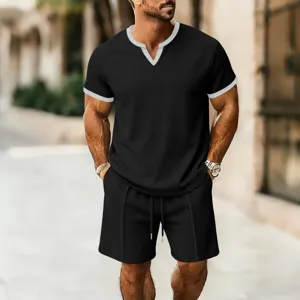 Men waffle knit short sleeve V-neck t-shirt and shorts set detail, casual summer outfit view