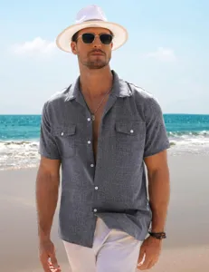 Detailed view of men's summer short sleeve lapel cotton linen solid color casual shirt.