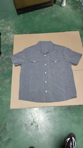 Detail view of mens short sleeve lapel shirt, solid color with dual chest pockets.