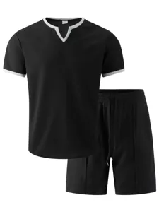 Detailed view of men's casual waffle knit V-neck short sleeve t-shirt and shorts sportswear set.