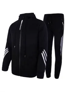 Men's Sportswear Tracksuit Casual Hooded Jacket Zip Up Top And Bottom Striped Pants Set Sporty Two Piece Outfit For Jogging Fitness Training