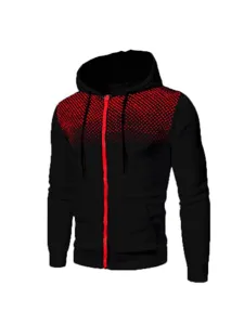 Men's black zip-up hooded sweatshirt with red dot gradient design front view main image