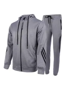 Men's casual sport tracksuit grey hooded zip-up sweatshirt and three stripes pants set.