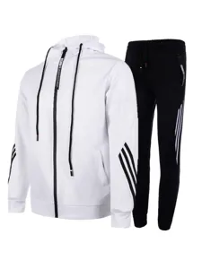 Men's sports casual hooded tracksuit set with zip and 3 stripes for outdoor daily wear.