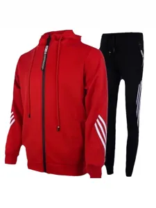 Men sportswear tracksuit set hooded red jacket and black trousers with three stripes.