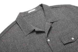 Men grey linen short sleeve shirt detail collar button pocket fashion casual summer apparel