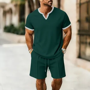 Men waffle knit short sleeve t-shirt and shorts casual athletic set green summer outfit