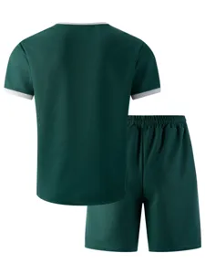 Men's casual waffle knit short sleeve t-shirt and matching shorts sportswear set.