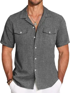 Stylish men short sleeve linen shirt summer casual solid color lapel button shirt