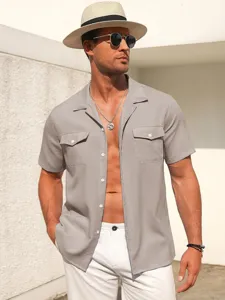 Men casual linen short sleeve shirt solid color summer lapel button down shirt for men