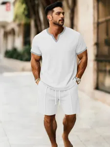 Mens casual sportswear set waffle v-neck short sleeve t-shirt and breathable loose shorts