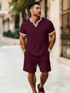 Men's Casual Waffle Knit Short Sleeve T-Shirt and Shorts Sportswear Set Outdoor Main Image