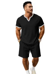 Men's waffle knit short sleeve V-neck t-shirt and casual breathable sports shorts set.