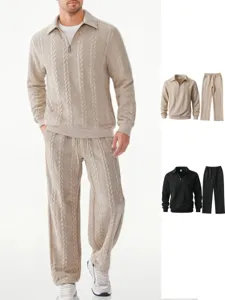 Survêtement de Sport Casual pour Homme en Jacquard Sweat-shirt Demi-Zip Col Polo et Pantalon en Polyester Ensemble Haut et Bas