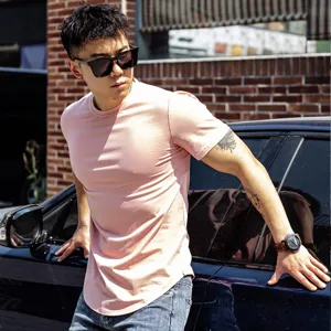 Men's pink short sleeve fitness t-shirt, casual muscle training top for running and gym.