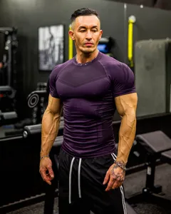 Men short sleeve compression fitness t-shirt high elasticity gym workout top athletic wear