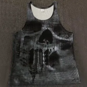 Men's slim fit knit sleeveless tank top with dark skull graphic for summer sports and casual wear.