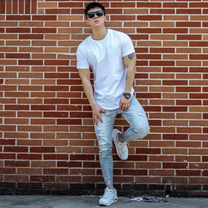 Men's solid white short sleeve t-shirt, casual fitness training apparel detail view.