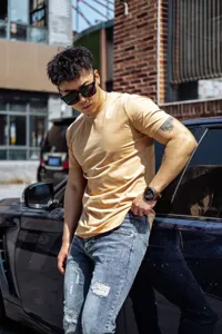 Men casual loose short sleeve t-shirt, solid color muscle fitness athletic top for gym and sports.