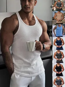 Men's Slim Fit Ribbed Knit Tank Top Vertical Striped Sleeveless Racerback Sport Undershirt For Fitness Gym Muscle Workout Top