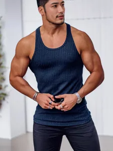 Men's dark blue ribbed knit slim fit fitness sports racerback tank top for summer wear.