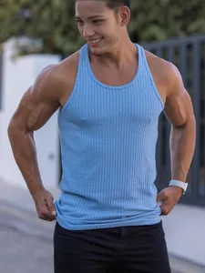 Men's summer slim fit ribbed knit athletic gym workout tank top casual sleeveless vest shirt