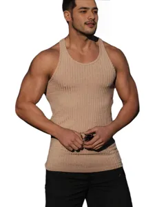 Men's ribbed knit slim fit tank top, casual sleeveless athletic workout vest in khaki color.