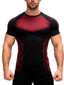 Men's athletic short sleeve compression shirt, breathable fitness gym training tee.