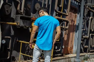 Men's muscle fitness t-shirt back detail, breathable casual short sleeve training top.