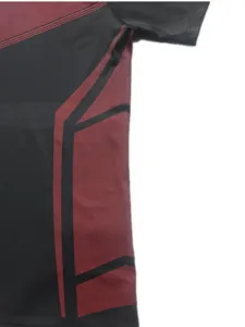 Men short sleeve athletic compression shirt fabric detail, black red geometric pattern