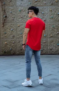 Men's solid color short sleeve fitness T-shirt detail view, athletic casual gym wear apparel.
