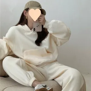 Conjunto de sudadera con capucha y pantalón de felpa para mujer, chándal cómodo diario.