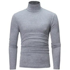 Detail of men grey turtleneck slim long sleeve knitted t-shirt comfortable fabric.