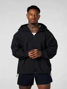 Detailed view of a black men's hooded zipper windbreaker, lightweight quick-dry activewear jacket.