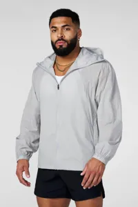 Men's lightweight hooded zip-up sports windbreaker, breathable and quick-drying athletic jacket.