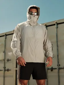 Detail view of mens outdoor sun protection hoodie, quick dry athletic zip up training jacket.