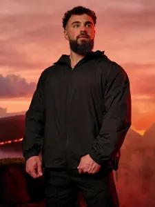 Men's black zip-up hooded sports jacket detail view, breathable running fitness outdoor wear.
