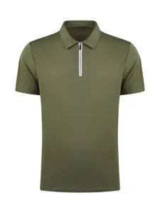 Army green men short sleeve polo shirt detail showing collar and half zipper placket design.