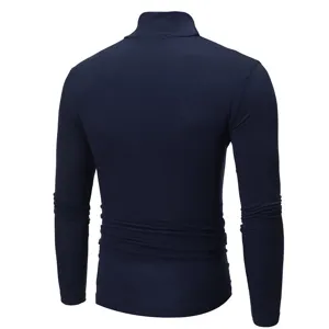Men's solid color turtleneck long-sleeve slim fit knit T-shirt, dark blue back view.