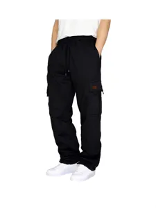 Men's black fleece-lined cargo sweatpants with multiple pockets, drawstring and cuffs.