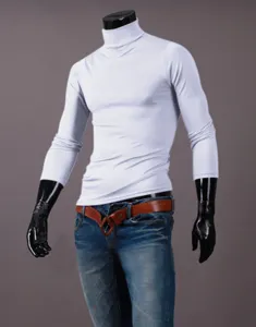 Detailed view of mens slim fit long sleeve turtleneck knit sweater in solid white color.