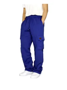 Men's royal blue fleece-lined cargo sweatpants with elastic drawstring waist and multi-pockets.