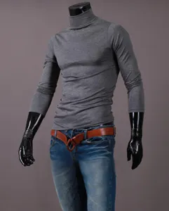 Detailed view of men grey turtleneck long sleeve slim fit knit sweater detail fashion apparel.