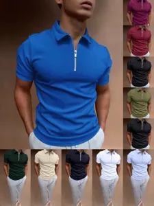 Men's Casual Short Sleeve Polo Shirt Solid Color Lapel Zipper Slim Fit Summer Business Top